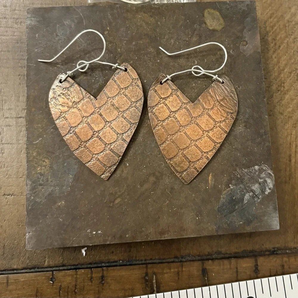Large Heart Earrings Solid Copper Embossed
